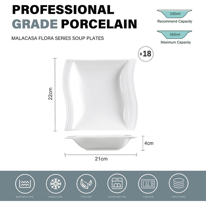 Набор из 18 фарфоровых суповых тарелок кремово-белого цвета Flora Series MALACASA