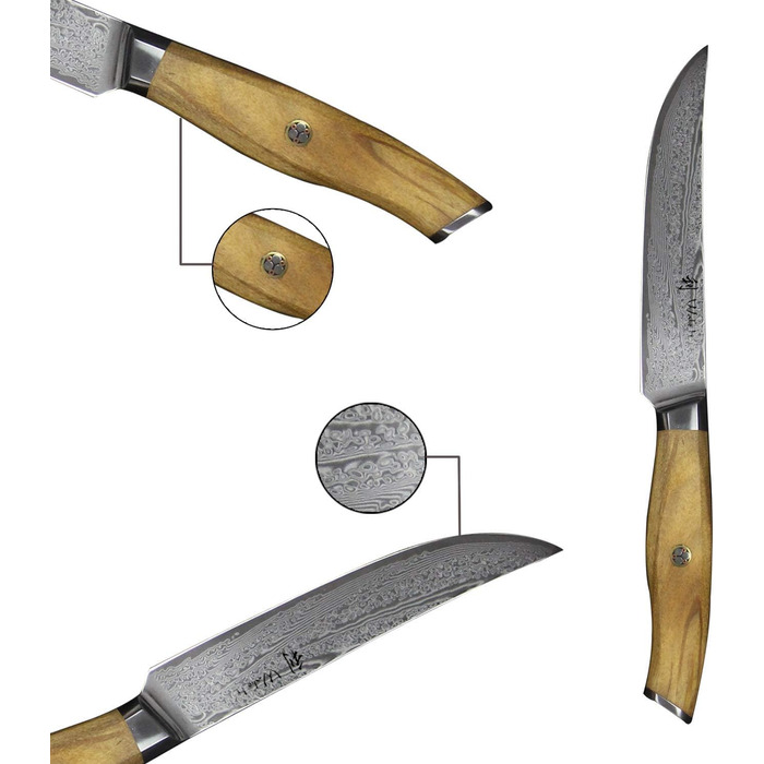 Набор из 6 дамасских ножей для стейка с рукоятками из оливкового дерева 12,5 см Wakoli Exclusive