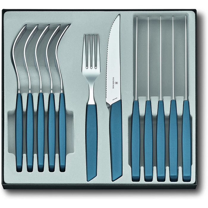 Набор столовых приборов для стейка Victorinox Swiss Modern, 12 предметов (6 ножей + 6 вилок), нержавеющая сталь, синий