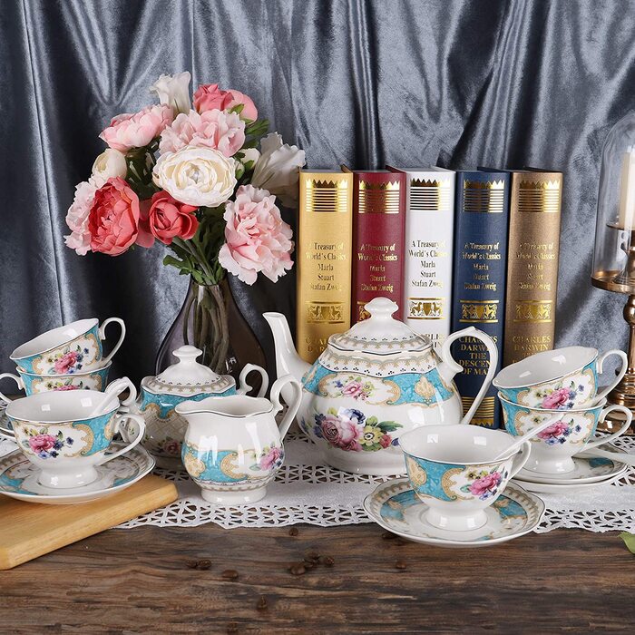Чайне сервиз из английского бирюзового фарфора, винтажнй керамический кофейнй сервиз с цветами роз, из 15 предметов, свадебнй чайнй сервиз для взрослх