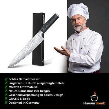 Поварской нож FlavourBomb из 67 слоев дамасской стали, рукоять из микарты, 20 см