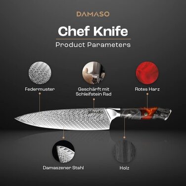 Поварской нож Damaso DMS-127 из 67 слоев дамасской стали, рукоять из дерева, красно-черная
