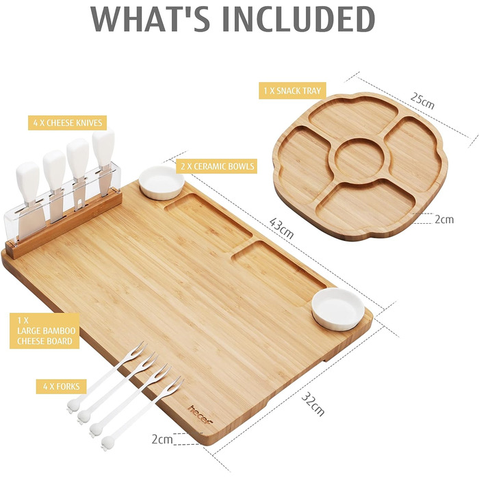 Бамбуковая разделочная доска и тарелка для сервировки с приборами 13 предметов Hecef