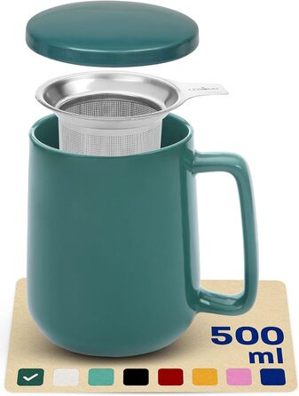 Керамическая чашка с ситечком и крышкой 500 мл, зеленая Cosumy