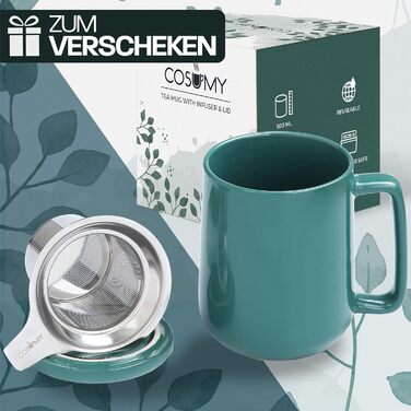 Керамическая чашка с ситечком и крышкой 500 мл, зеленая Cosumy
