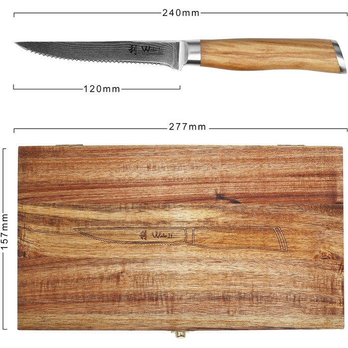 Набор из 4 дамасских ножей для стейков с рукоятками из оливкового дерева 12,5 см Wakoli Exclusive