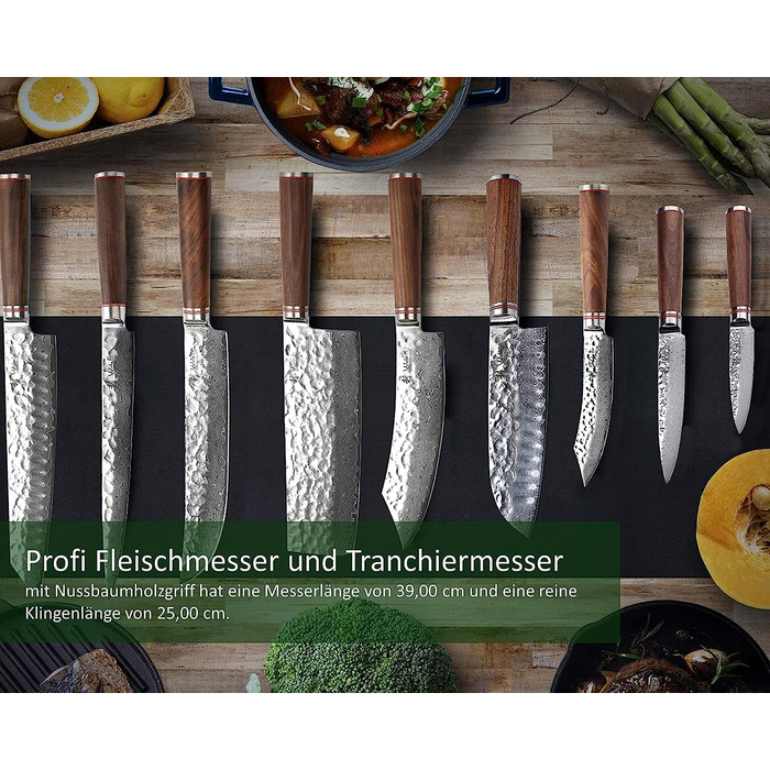 Профессиональный поварской нож для мяса из настоящей дамасской стали и рукояткой из орехового дерева 25 см Wakoli