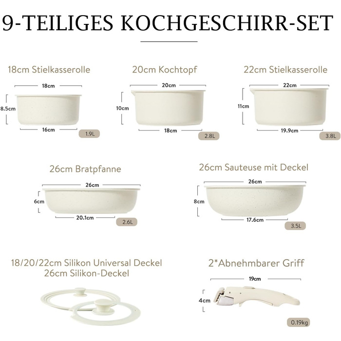 Набор кухонной посуды 9 предметов White Granite effect Carote