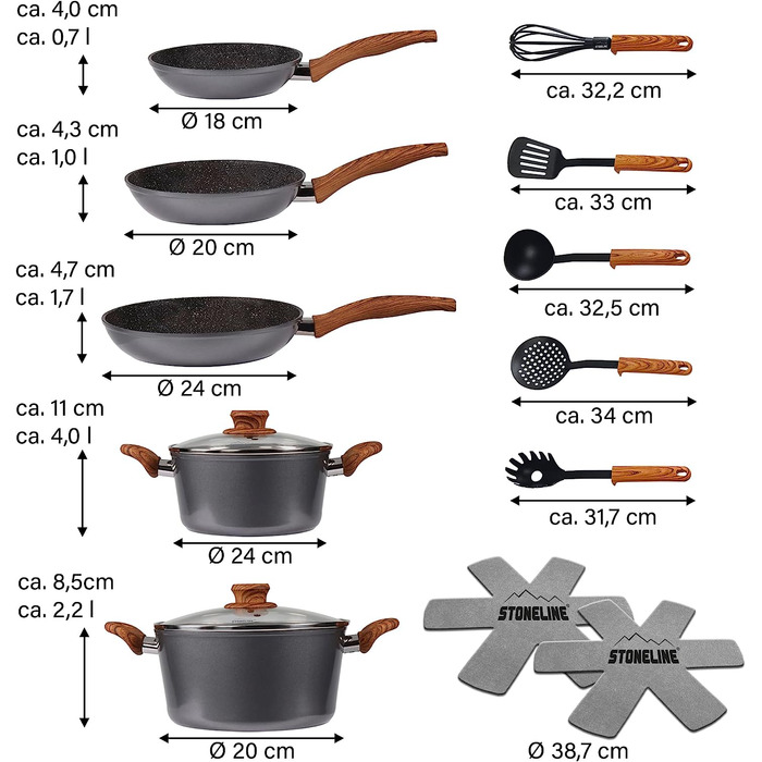Набор кухонной посуды 14 предметов, коричневые ручки из дерева STONELINE