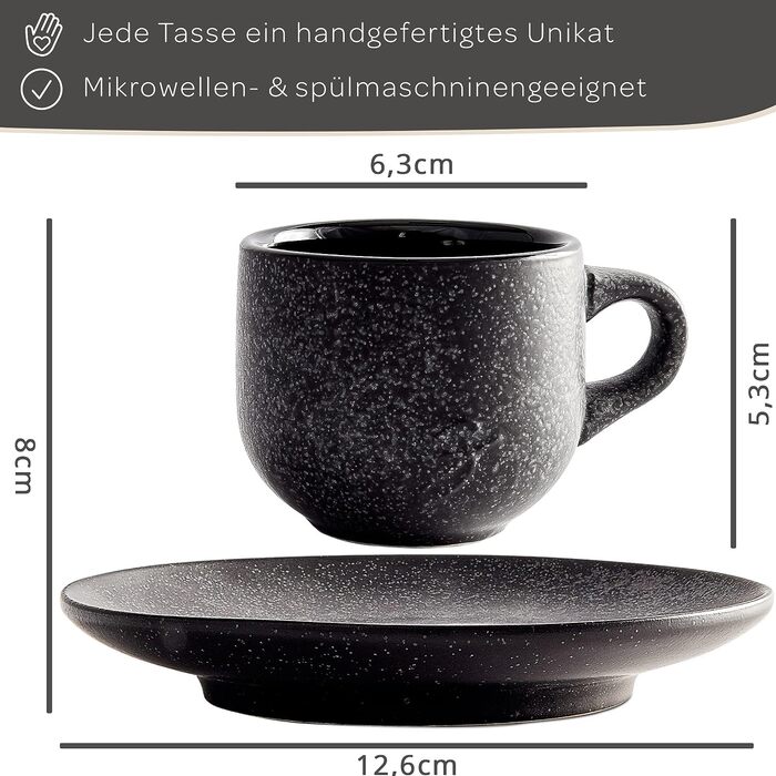 Набор чашек для кофе 80 мл с блюдцами 6 предметов, чёрные Steinzeit
