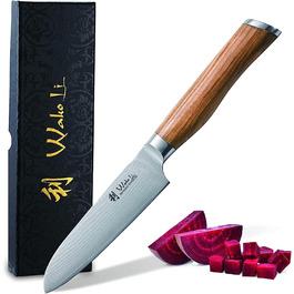 Профессиональный поварской нож сантоку из настоящей японской дамасской стали и с рукояткой из оливкового дерева 12 см Wakoli  