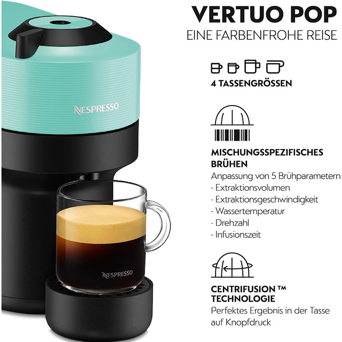 Капсульная кофемашина 1500 Вт, мятно-зеленая Nespresso Vertuo Pop ‎XN9204 Krups