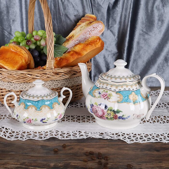 Чайне сервиз из английского бирюзового фарфора, винтажнй керамический кофейнй сервиз с цветами роз, из 15 предметов, свадебнй чайнй сервиз для взрослх