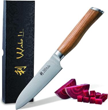 Профессиональный поварской нож сантоку из настоящей японской дамасской стали и с рукояткой из оливкового дерева 12 см Wakoli