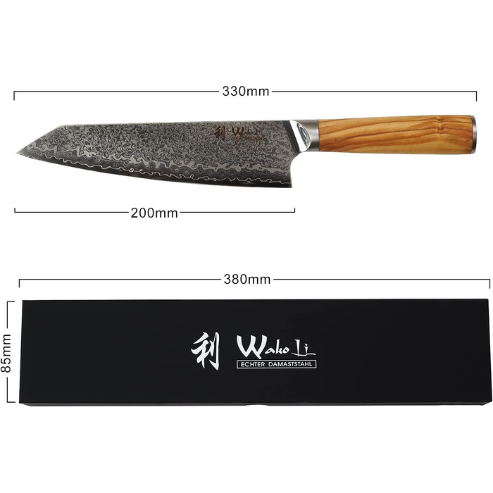Профессиональный поварской нож из настоящей дамасской стали с рукояткой из оливкового дерева 20 см Wakoli