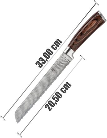 Нож для хлеба из 67 слоев дамасской стали 20 см, рукоять из дерева пакка Edib Wakoli