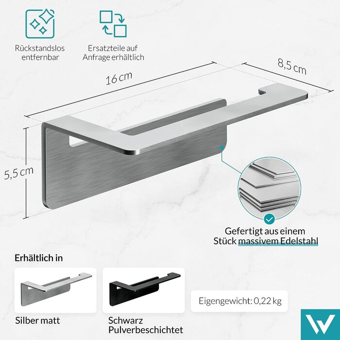 Держатель туалетной бумаги 16 x 5,5 x 8 см, серебристый WEISSENSTEIN